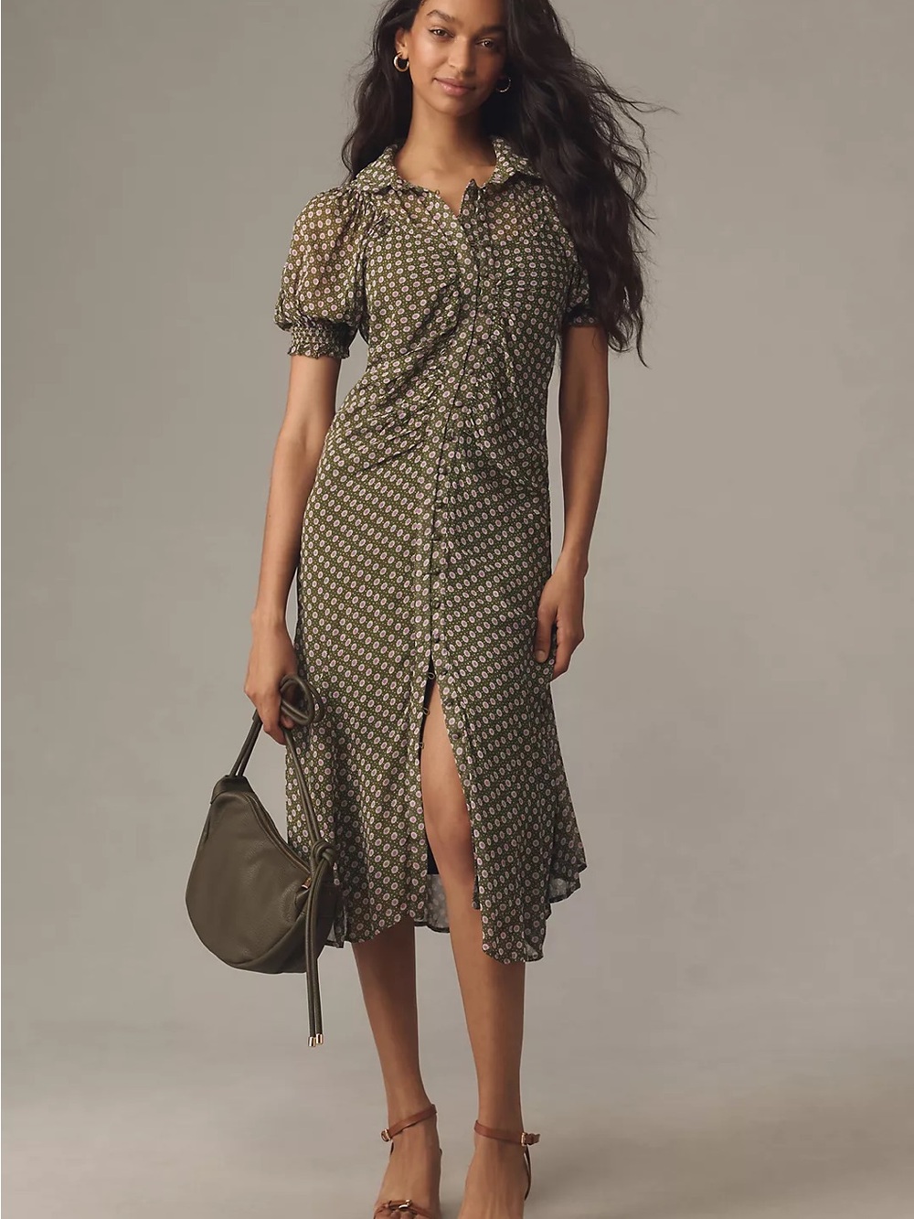 By Anthropologie Olive Button-Front Floral Midi Dress size 6